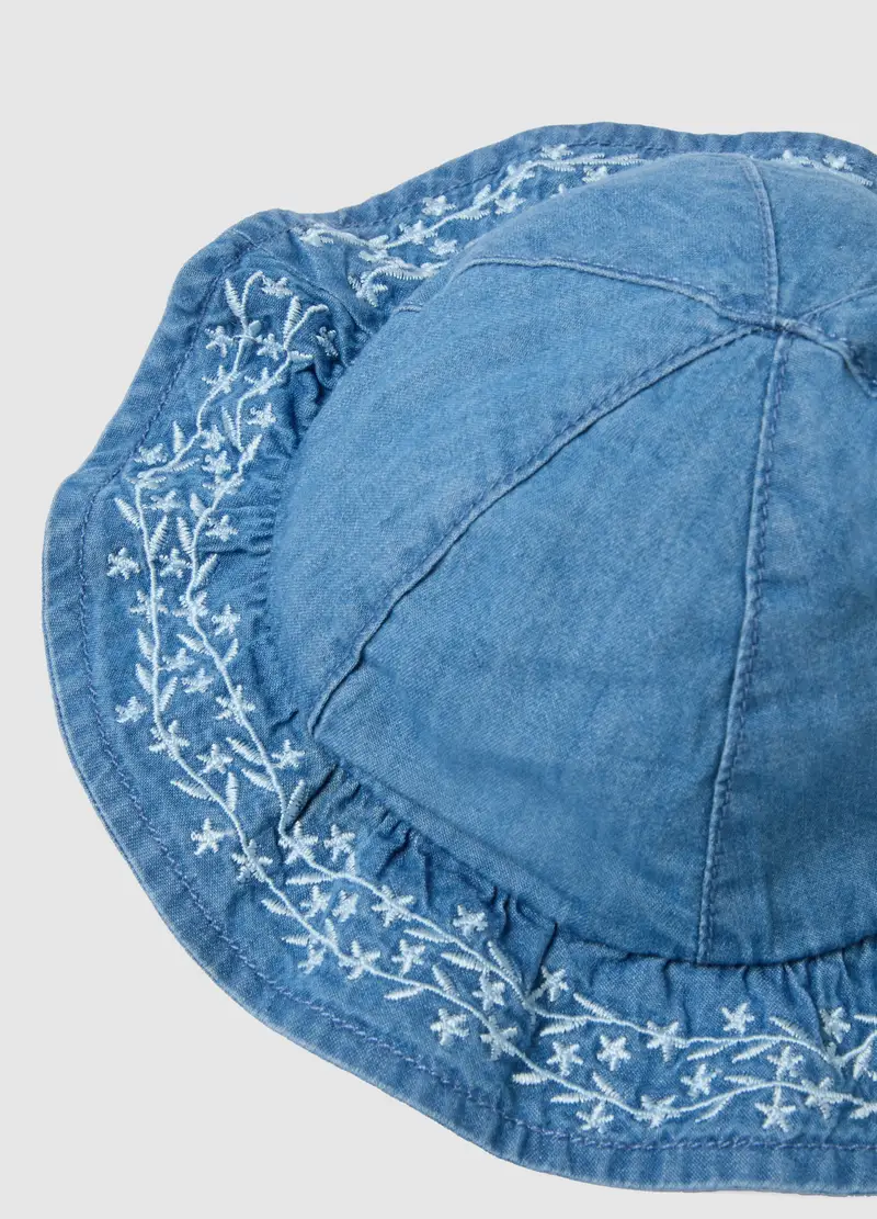 Cappello In Puro Cotone Denim Blu Per Neonati Con Dettagli Ricamati, Neonata, Blu miniatura 2