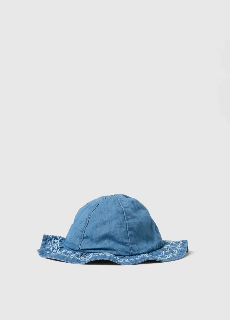 Cappello In Puro Cotone Denim Blu Per Neonati Con Dettagli Ricamati, Neonata, Blu