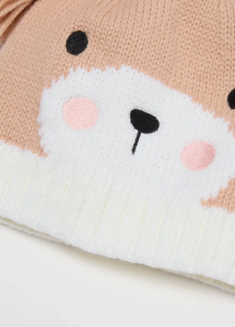 Cappello Per Bambina Beige Con Pon Pon, Bianco miniatura 2