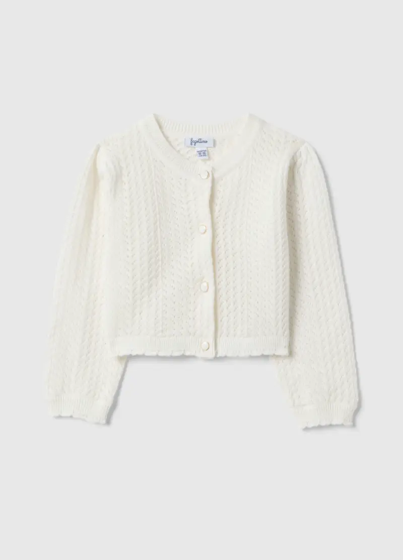 Cardigan Fitted In Puro Cotone Bianco Da Bimba Con Design Traforato, Bambina, Bianco