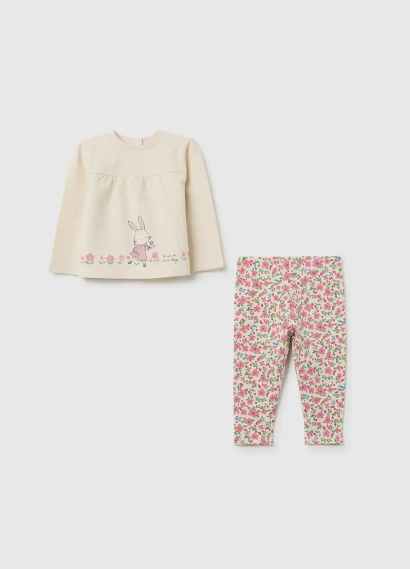 Completo Da Bambina In Misto Cotone Beige Con Stampa, Beige