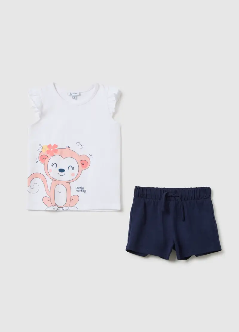 Completo Estivo Da Bambina In Puro Cotone Bianco Regular Fit E Pantaloncini Blu, Bianco