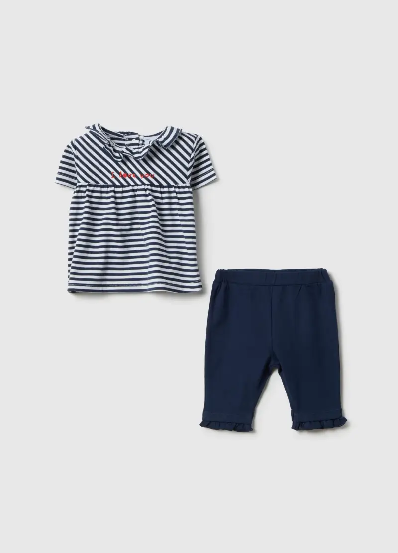 Fagottino Completo In Puro Cotone Blu Con Volant Per Bimba