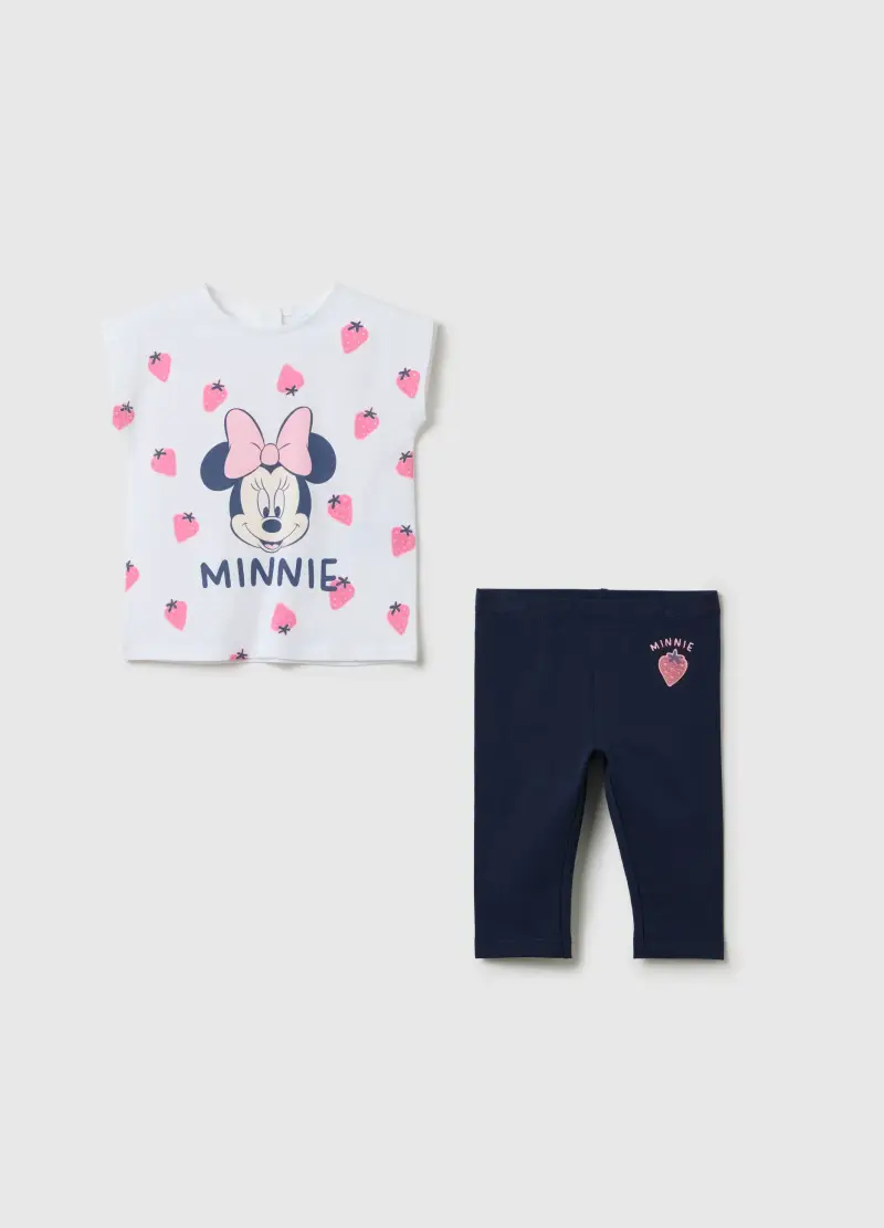 Completo Jogging Da Bambina In Cotone Elasticizzato Bianco E Blu Con Stampa Minnie, Bianco