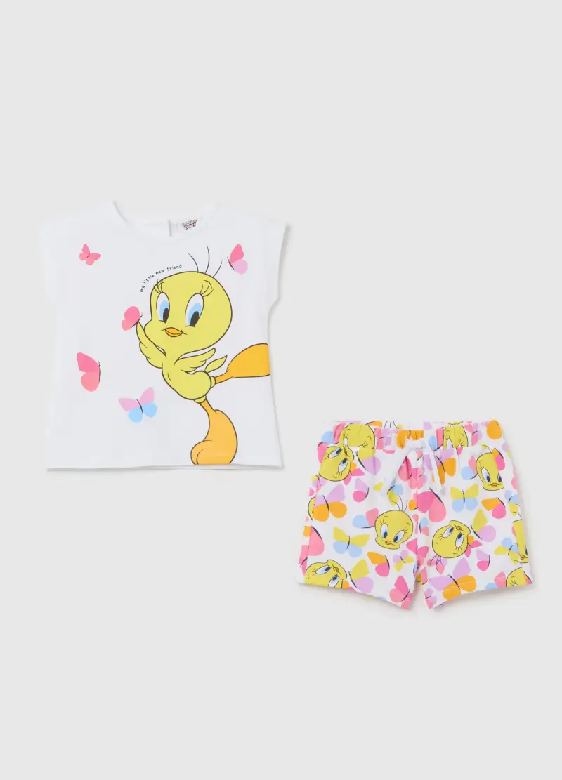 Completo Jogging Da Bambina In Cotone Elasticizzato Bianco Regular Fit Con Stampa Tweety, Bianco