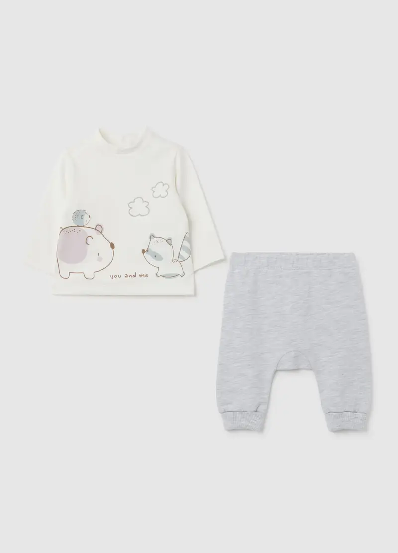 FAGOTTINO, Completo Maglia E Pantaloni Da Bambino In Puro Cotone Bianco E Grigio, Unisex, Bianco, Taglia: 3-6