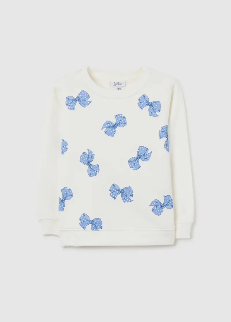 Felpa Bianca Da Bimba In Puro Cotone Con Stampa Fiocchi, Bambina, Bianco