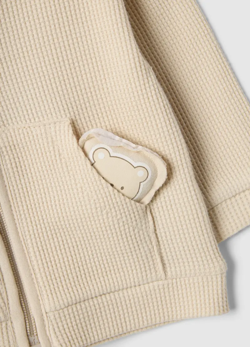 Felpa Con Cappuccio In Puro Cotone Beige Regular Fit Con Orsetto, Neonato, Beige miniatura 3