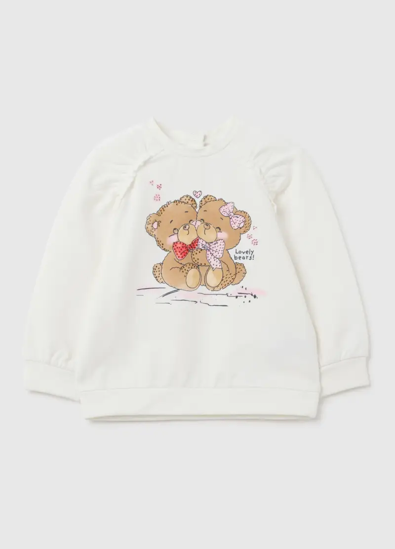 Felpa Da Bambina In Cotone Elasticizzato Bianca Regular Fit Con Orsacchiotti, Bianco