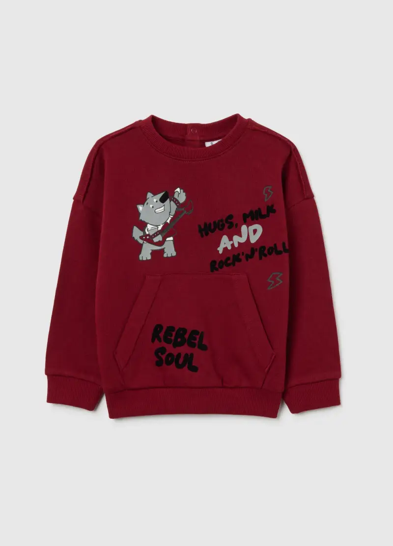 Felpa Da Bambino In Puro Cotone Rossa Oversize Con Stampa E Girocollo, Rosso