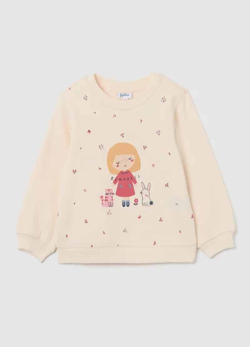 Felpa Da Bimba In Puro Cotone Beige Regular Fit Con Stampa, Bambina, Beige
