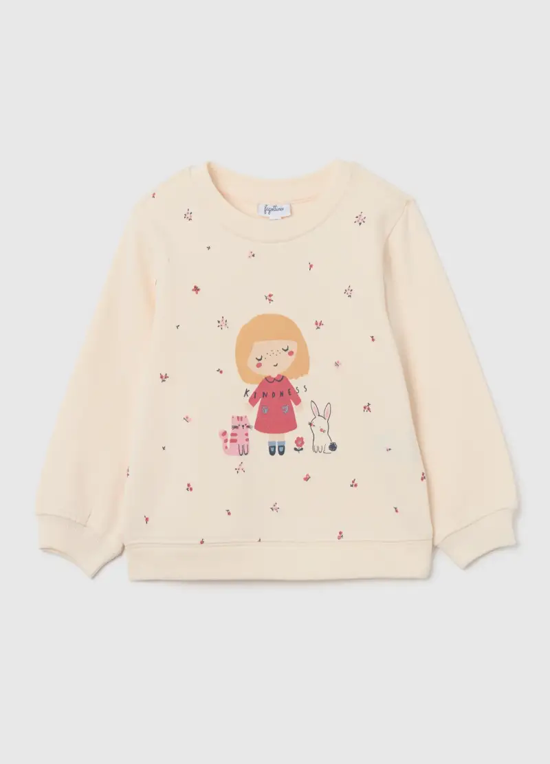 Felpa Da Bimba In Puro Cotone Beige Regular Fit Con Stampa, Bambina, Beige