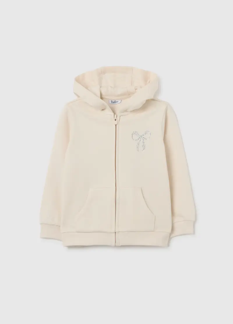 Felpa Da Bimba In Puro Cotone Beige Regular Fit Con Zip E Cappuccio, Bambina, Beige