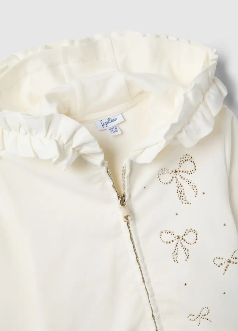 Felpa In Cotone Elasticizzato Beige Con Zip E Cappuccio Da Bimba, Bambina, Beige miniatura 3