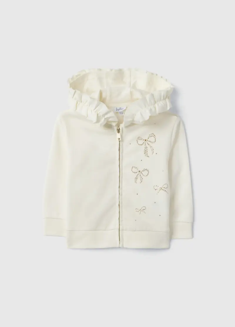 Felpa In Cotone Elasticizzato Beige Con Zip E Cappuccio Da Bimba, Bambina, Beige