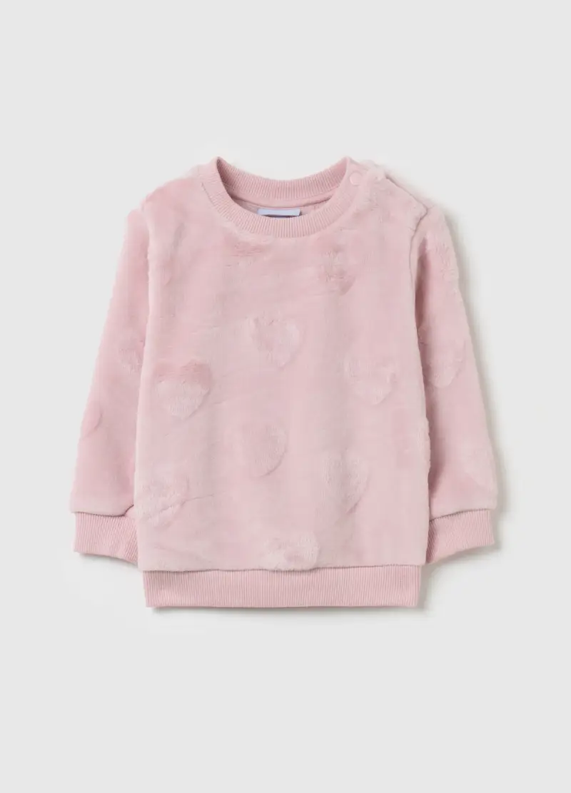 Felpa In Eco Pelliccia Stampa Cuori In Rilievo, Bambina, Rosa