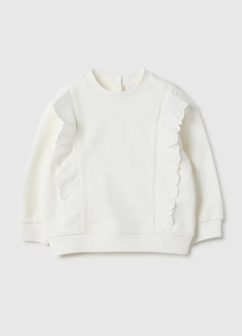 Felpa In Puro Cotone Bianca Regular Fit Con Volant Per Bimba, Bambina, Bianco