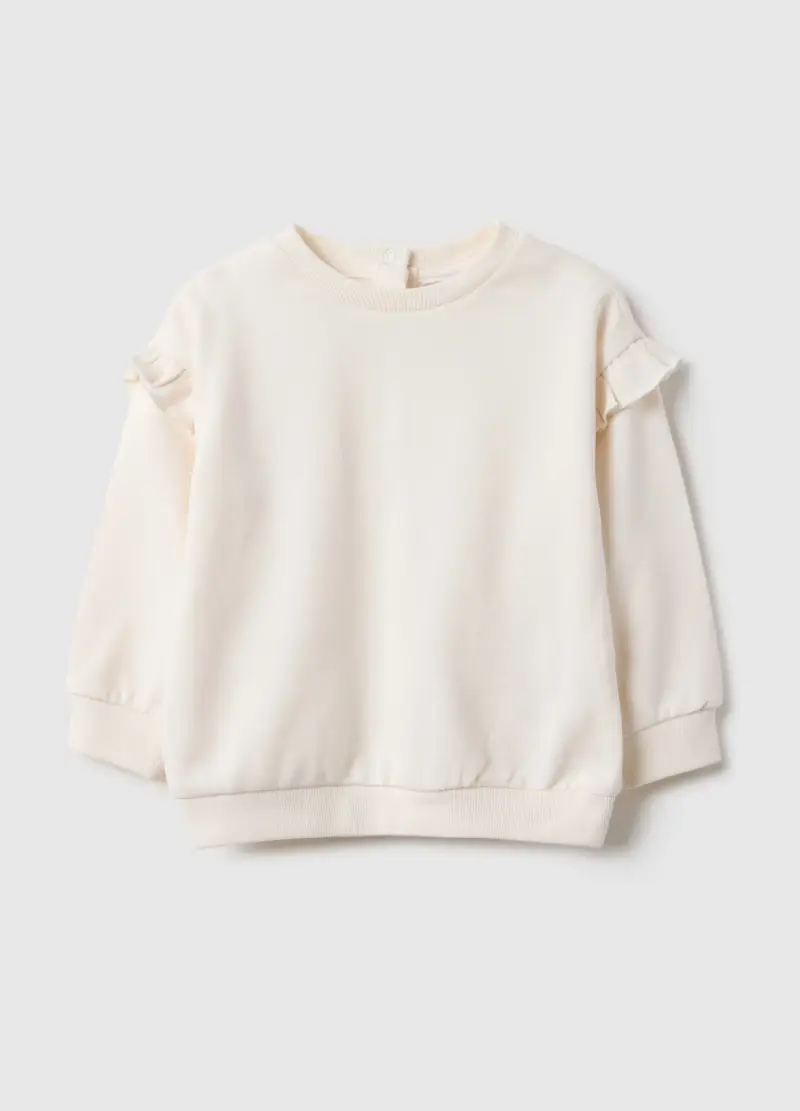 Felpa In Puro Cotone Bianca Regular Fit Con Volant Per Bimba, Bambina, Bianco