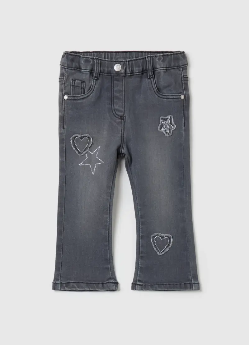 Jeans Flare Fit Cinque Tasche Con Strass, Bambina, Nero