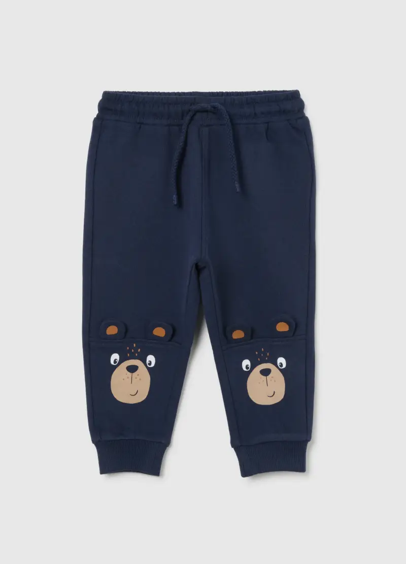 Jogger Da Bambino In Puro Cotone Blu Regular Fit Con Orsetto, Blu