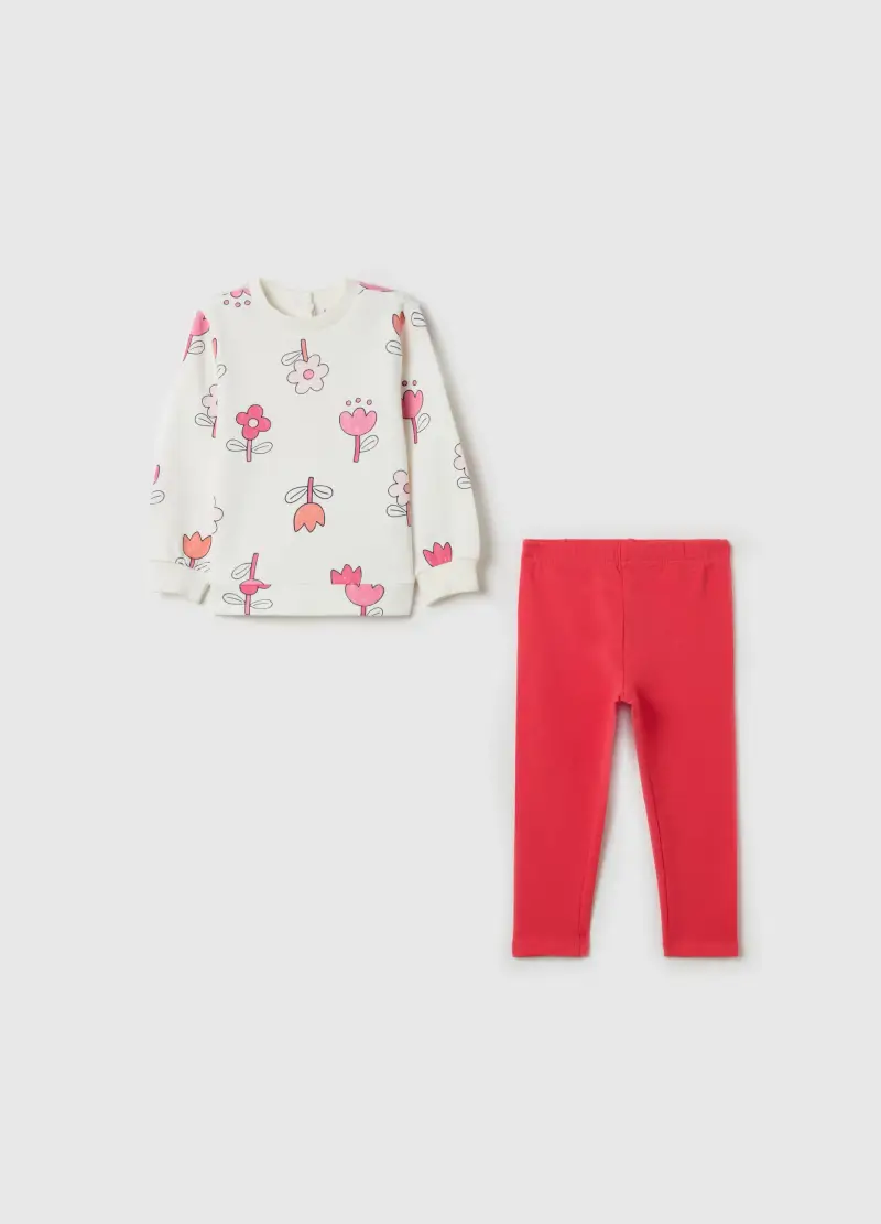 Jogging Set In Cotone Con Stampa Fiori, Bambina, Multicolor