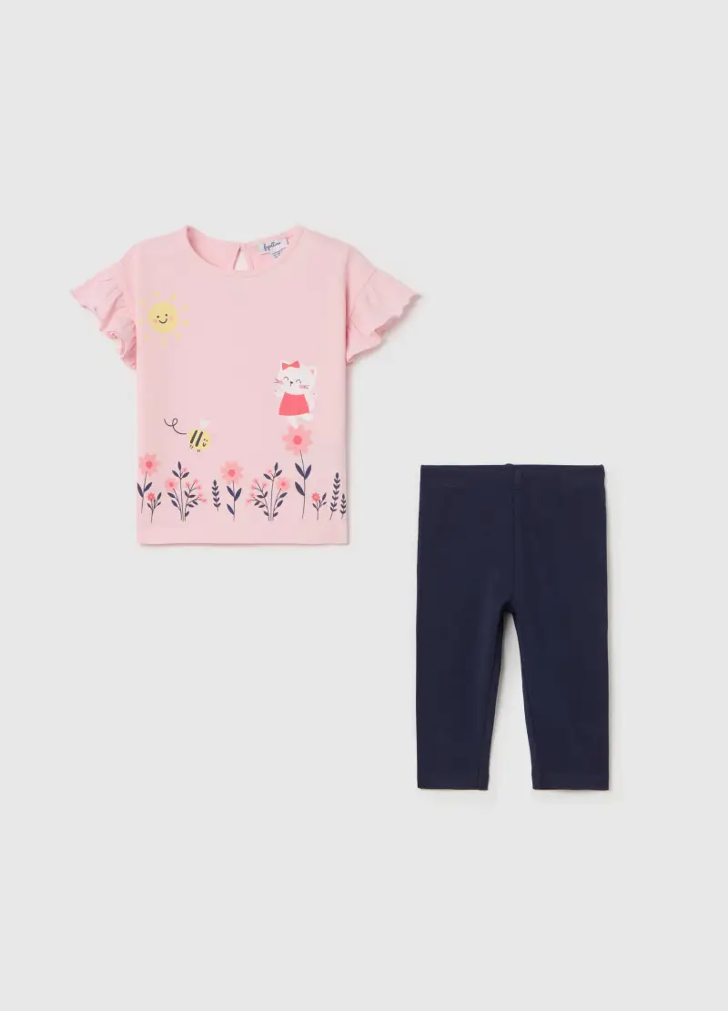Jogging Set In Cotone Con Stampa Gattina, Bambina, Multicolor