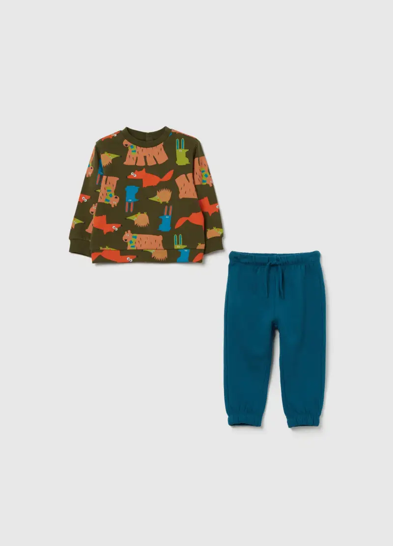 Jogging Set In Cotone Stampa Animali Del Bosco, Bambino, Multicolor