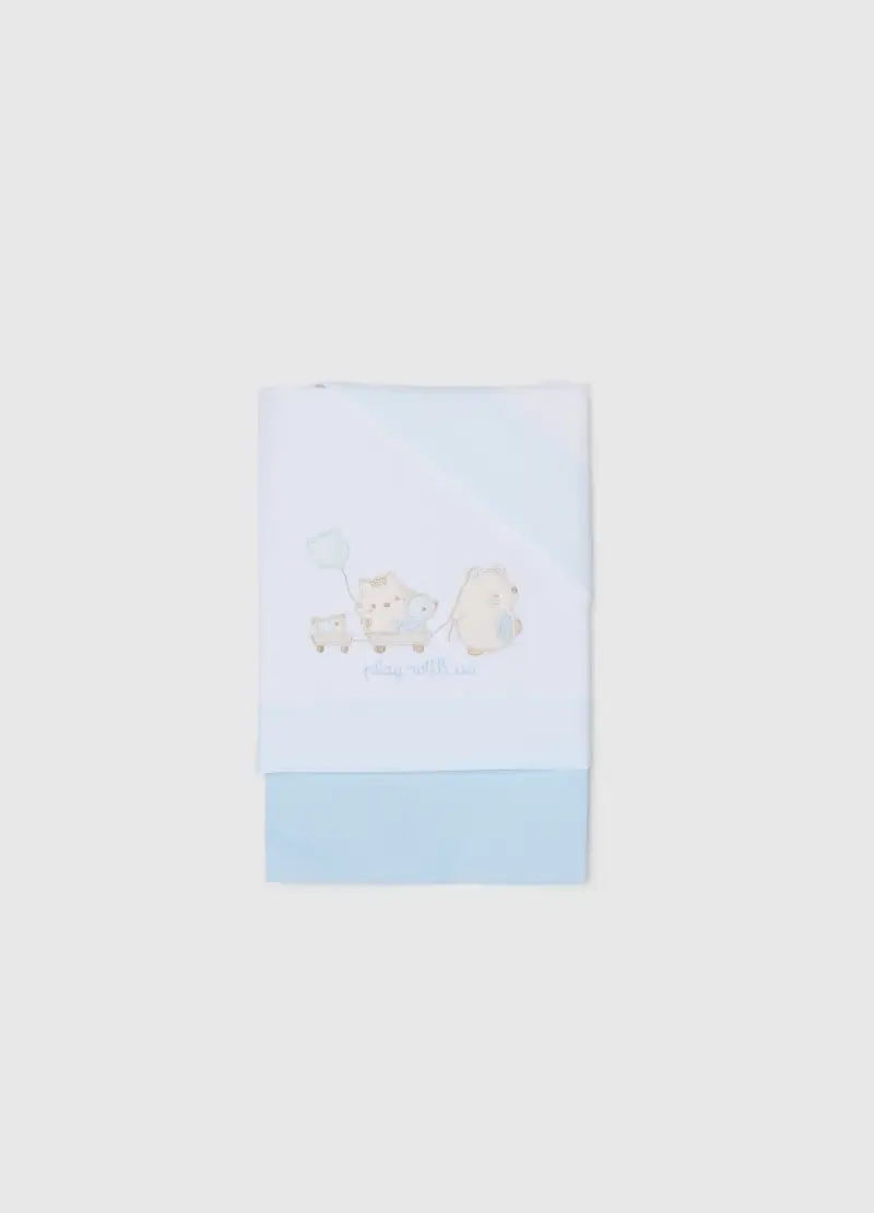 Lenzuolino Azzurro E Bianco In Puro Cotone Con Ricamo, Neonato, Multicolor