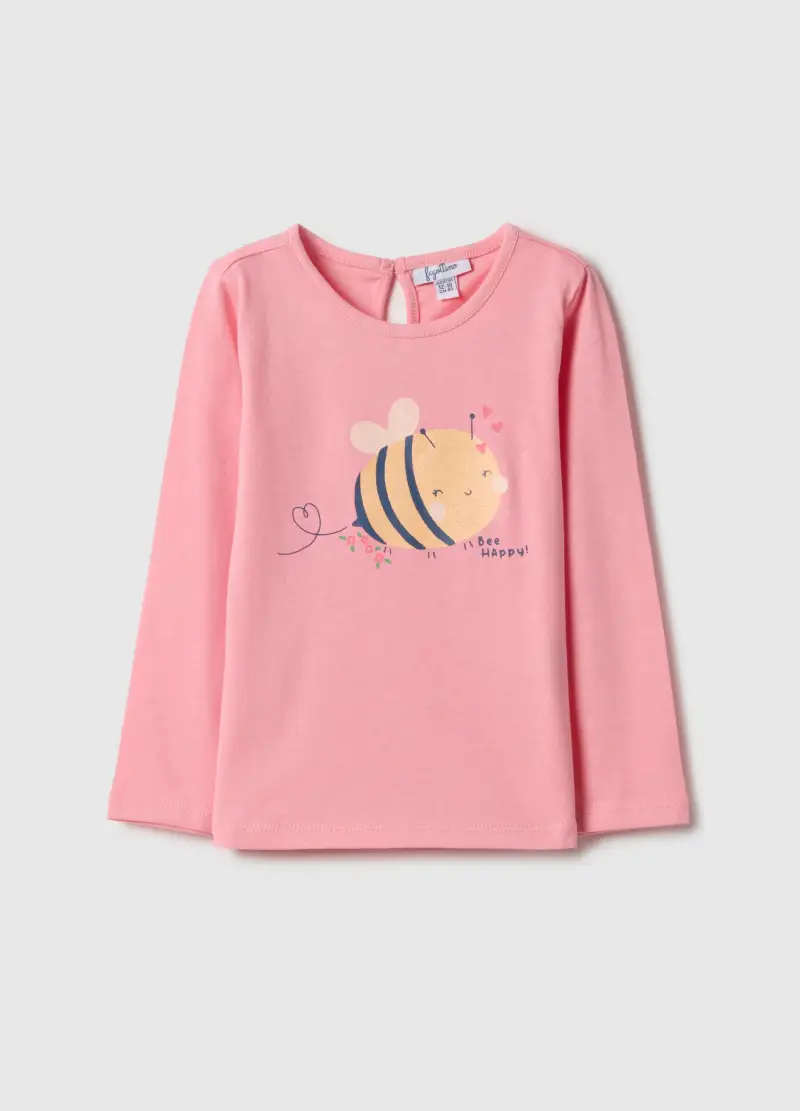 Maglia A Maniche Lunghe In Puro Cotone Rosa Da Bimba Regular Fit Con Ape, Bambina, Rosa