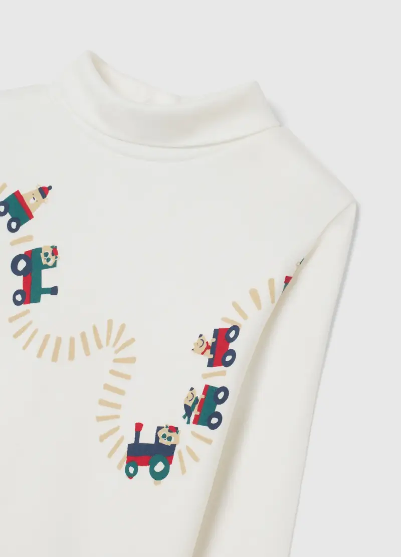 Maglia Bianca Mock Neck Da Bimbo In Puro Cotone Regular Fit Con Stampa, Bambino, Bianco miniatura 3