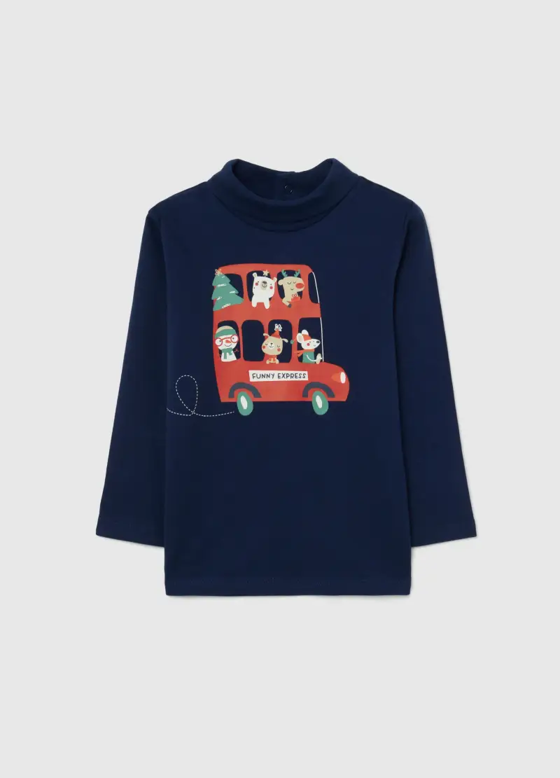 Maglia Blu Mock Neck Da Bimbo In Puro Cotone Regular Fit Con Stampa, Bambino, Blu