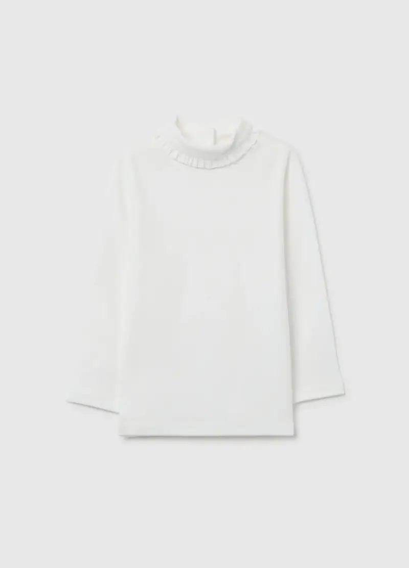 Maglia Con Collo Arricciato Da Bimba In Puro Cotone Bianca Regular Fit, Bambina, Bianco