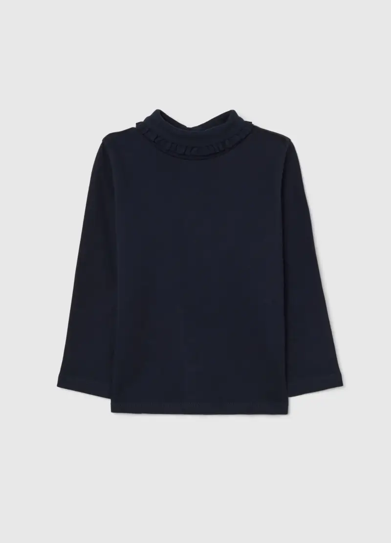 Maglia Con Collo Arricciato Da Bimba In Puro Cotone Blu Regular Fit, Bambina, Blu