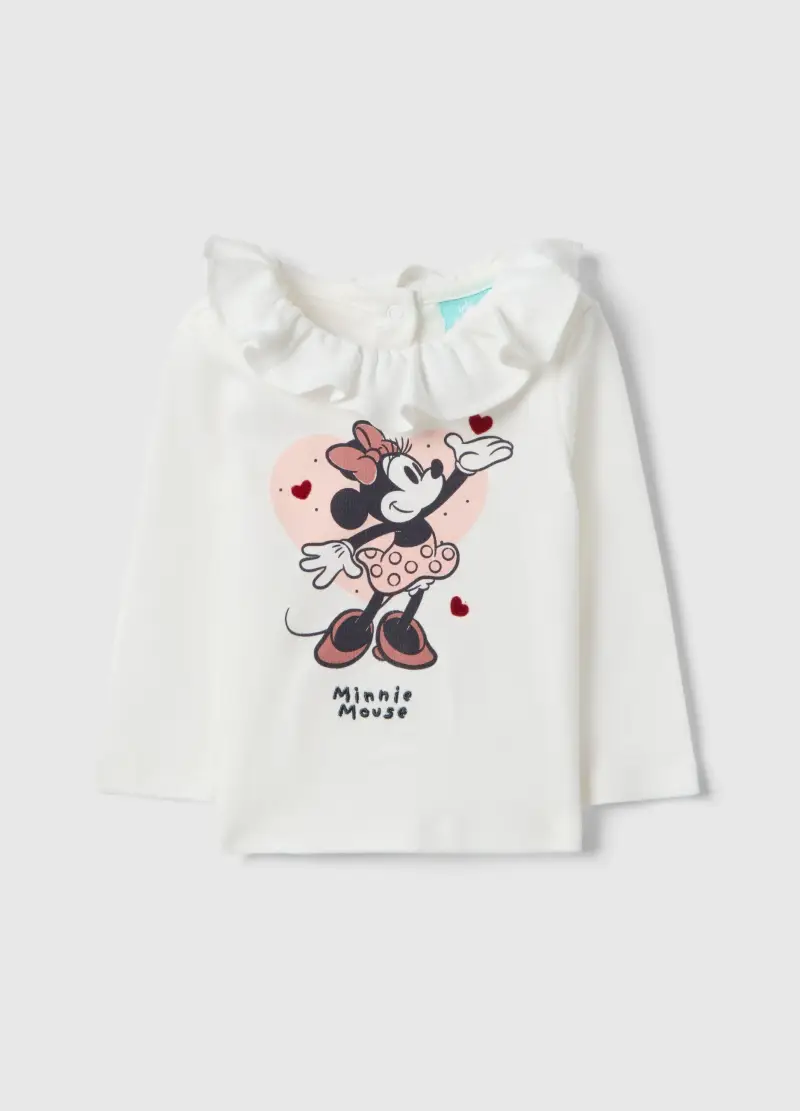 Maglia In Puro Cotone Bianco Da Neonata Con Minnie E Collo Arricciato, Bianco