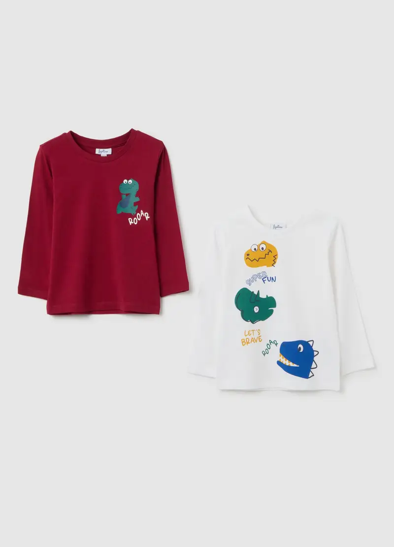Maglietta A Maniche Lunghe Color Bianco Con Stampa Dinosauri, Bambino, Bianco