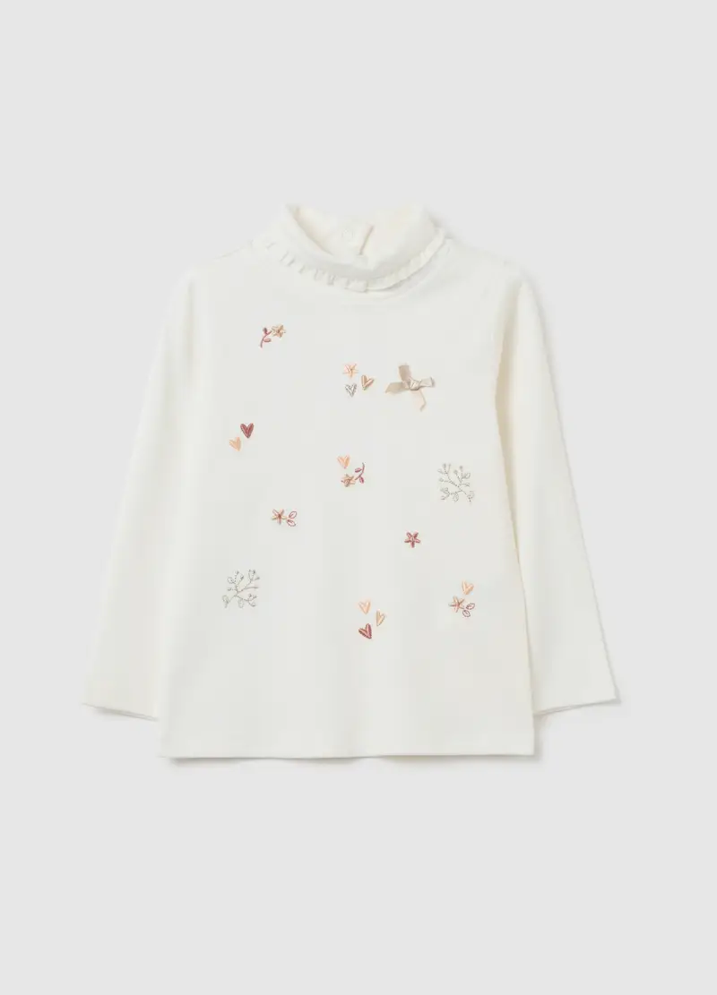 Maglietta Da Bambina In Puro Cotone Bianca Regular Fit Con Volant, Bianco