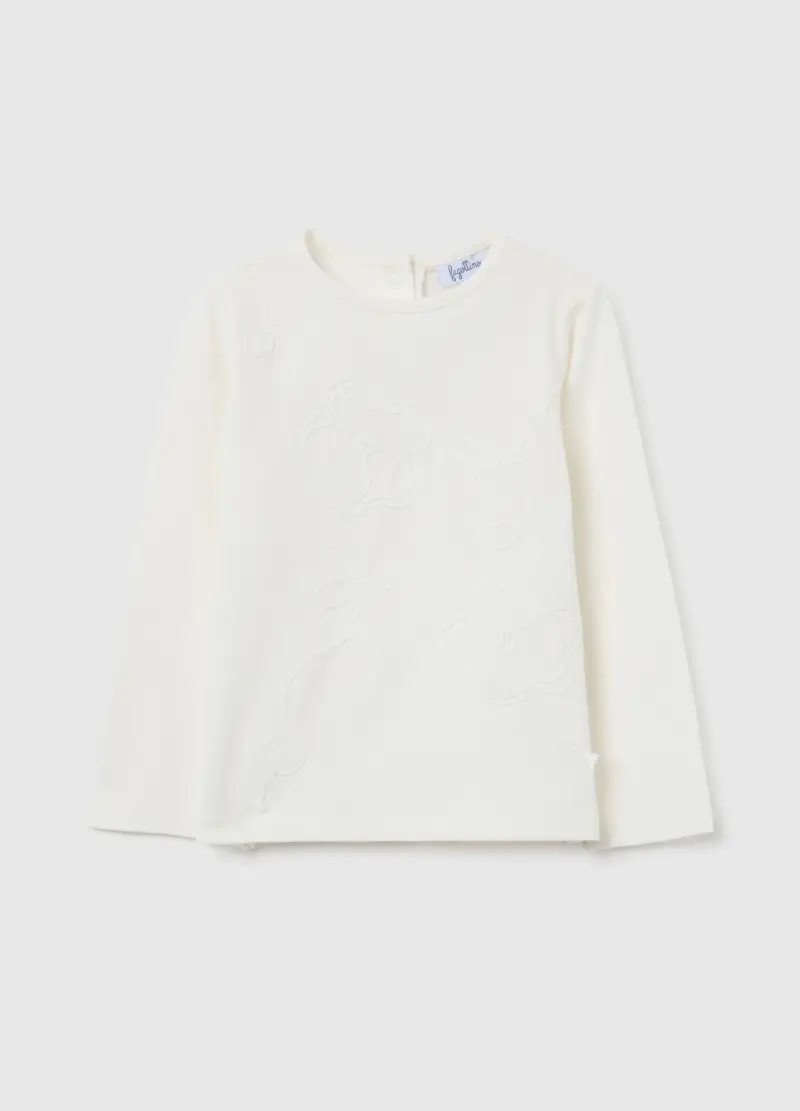Maglietta Ricamata In Cotone Elasticizzato Bianca Da Bimba Regular Fit, Bambina, Bianco