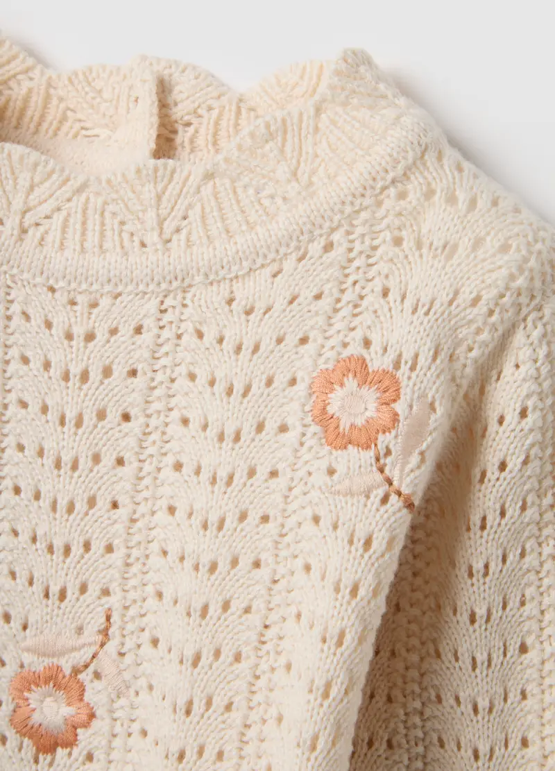 Maglioncino Traforato In Puro Cotone Beige Da Bimba Regular Fit Con Ricami, Bambina, Beige miniatura 3