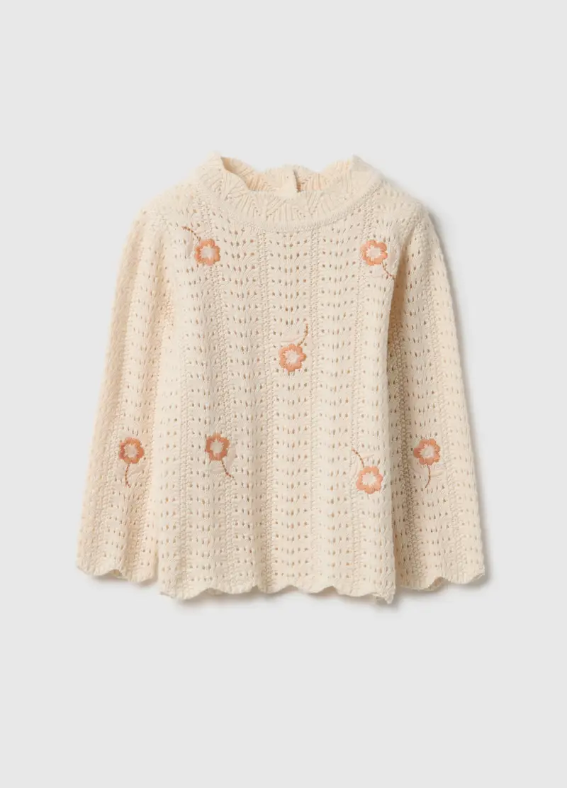 Maglioncino Traforato In Puro Cotone Beige Da Bimba Regular Fit Con Ricami, Bambina, Beige
