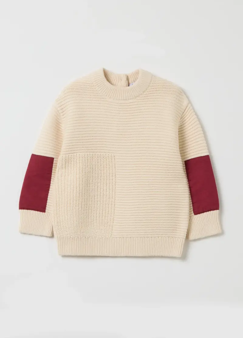 Maglione Beige Con Motivo A Maglia In Cotone, Bambino, Beige