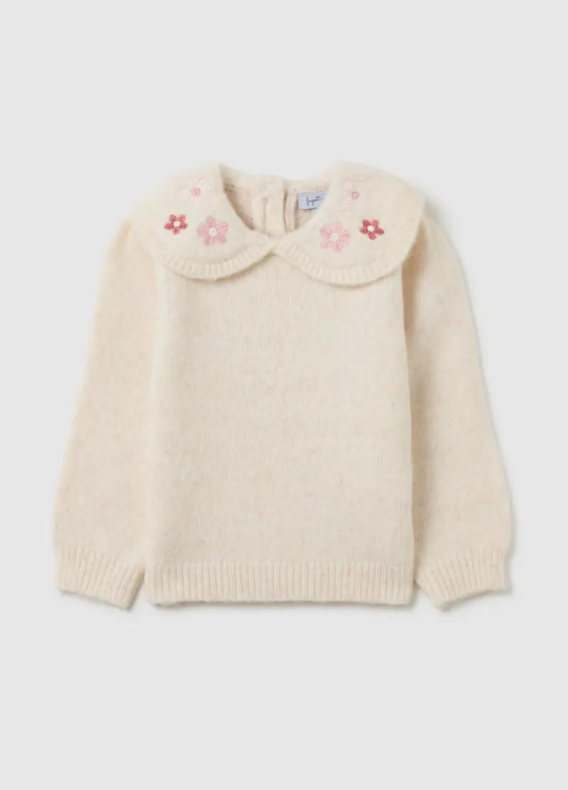 Maglione Per Bimba Beige Regular Fit Con Colletto Ricamato, Bambina, Beige