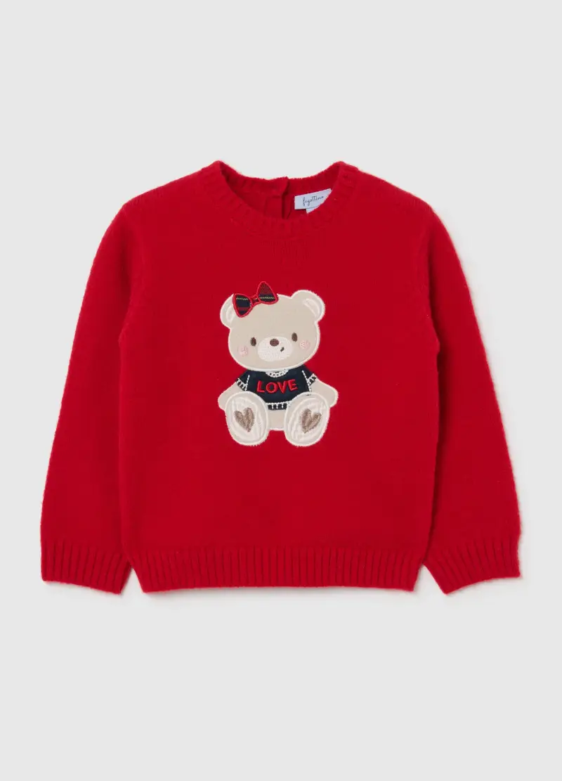 Maglione Rosso Da Bimba Regular Fit Con Ricamo Orsetto, Bambina, Rosso