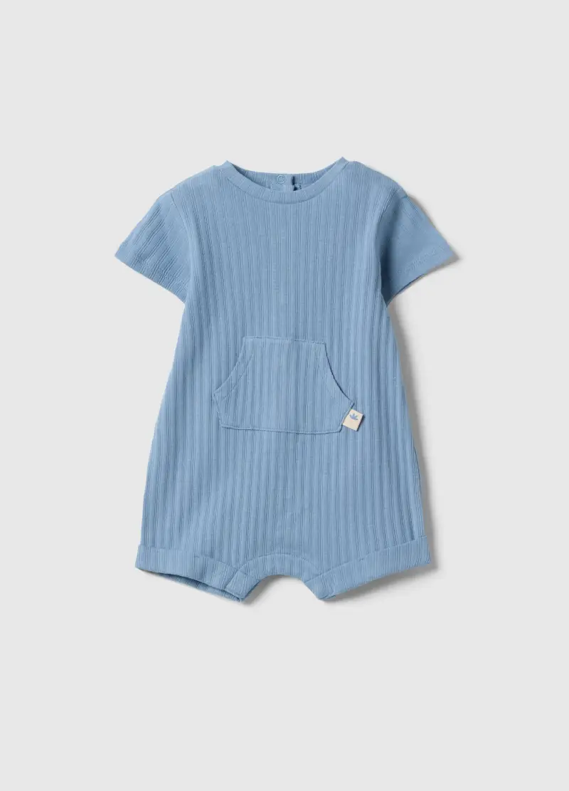 Pagliaccetto In Puro Cotone Azzurro A Coste Da Neonato Con Bottoni, Azzurro