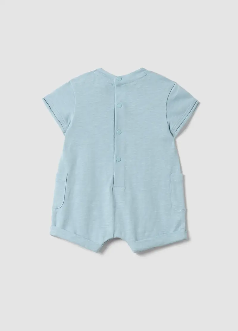 Pagliaccetto In Puro Cotone Azzurro Da Neonato Con Macchinina, Azzurro miniatura 2