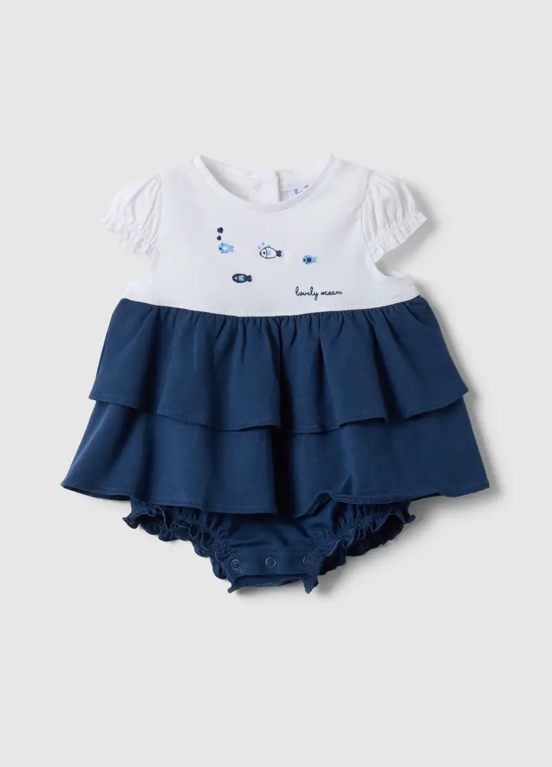 Pagliaccetto In Puro Cotone Multicolor Da Neonata Con Balze E Pesci, Multicolor