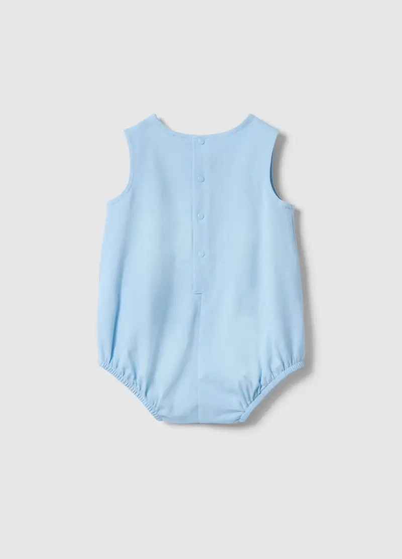 Pagliaccetto Senza Maniche In Puro Cotone Azzurro Da Neonato Con Ricami, Azzurro miniatura 2