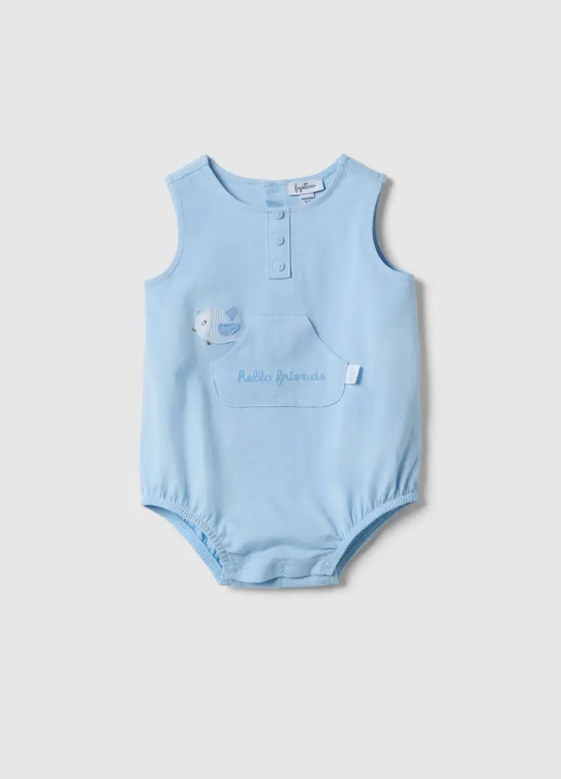 Pagliaccetto Senza Maniche In Puro Cotone Azzurro Da Neonato Con Ricami, Azzurro