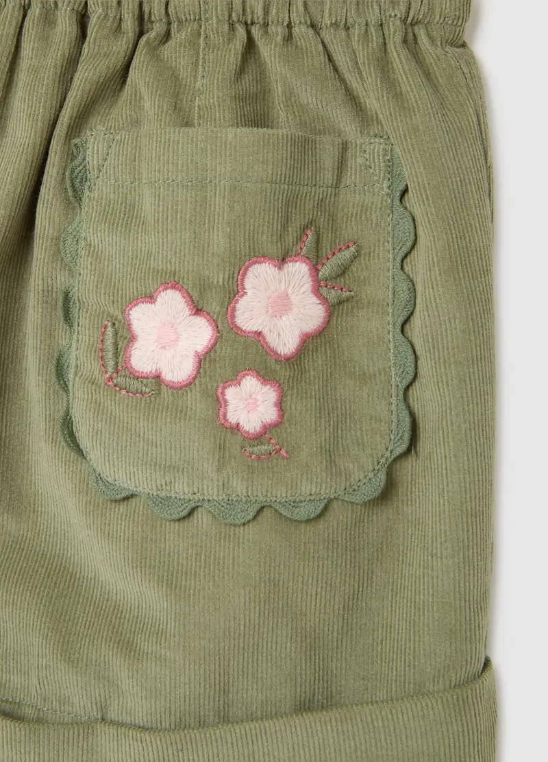 Pantaloncini Da Bambina In Puro Cotone Verde Baggy Con Ricami, Verde miniatura 3