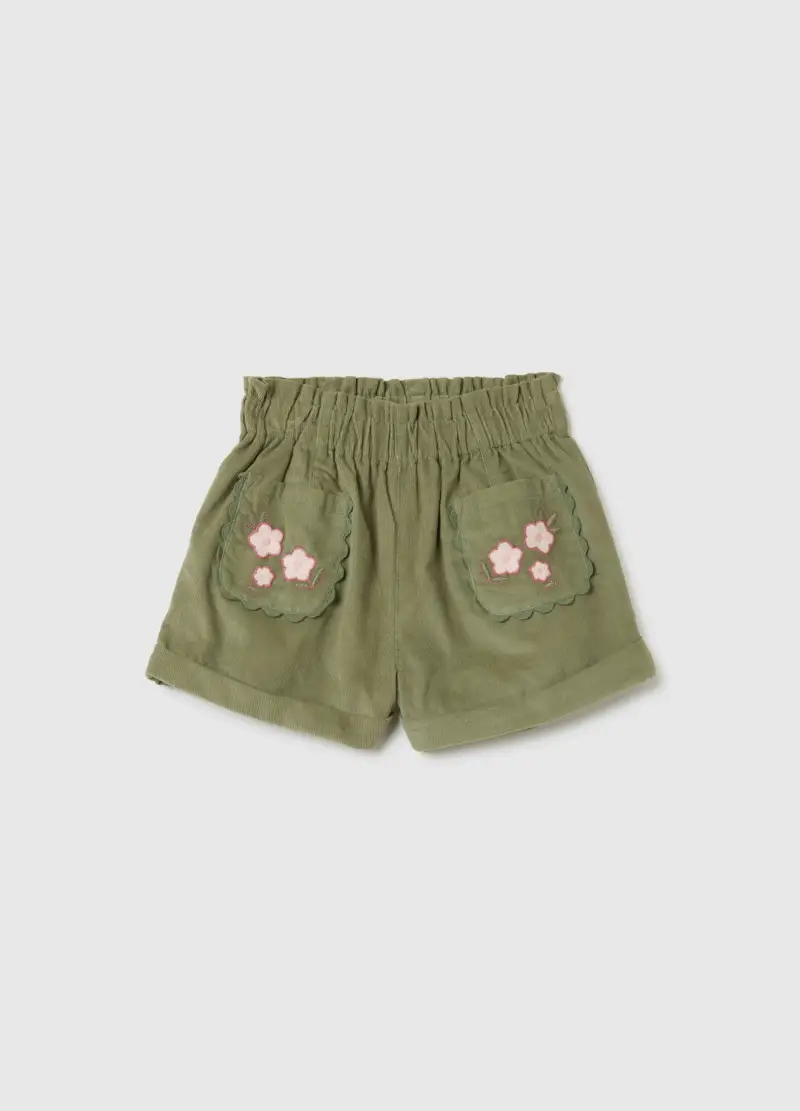 Pantaloncini Da Bambina In Puro Cotone Verde Baggy Con Ricami, Verde