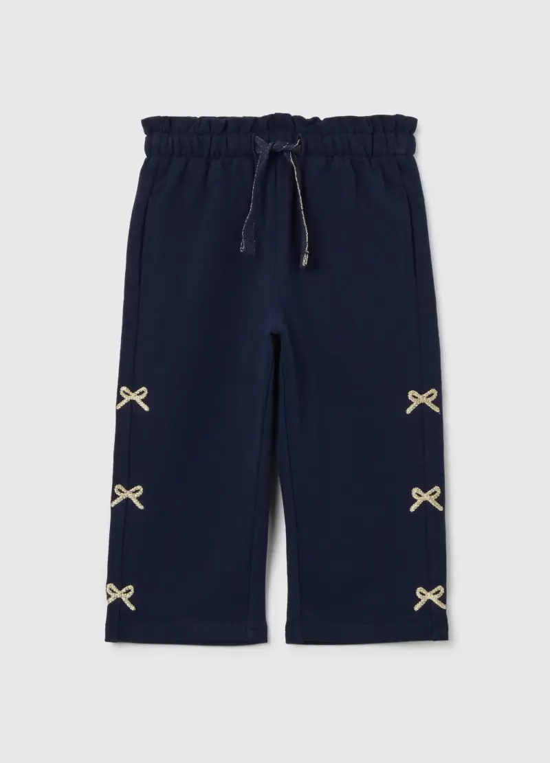 Pantaloni Corti Blu Da Bimba In Cotone Elasticizzato Con Fiocchetti, Bambina, Blu